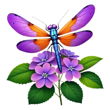 3D Realistic Still life, vivid, bold, purple detailed Hydrangea macrophylla, green leaves, ultra detailed orange and purple wings, dragonfly resting  sticker