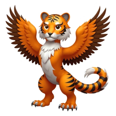 fusion creature with a tiger's body, two eagle heads, feathered wings, and tiger paws, in a dramatic stance, simplified and cute, bold lines, minimal detail sticker