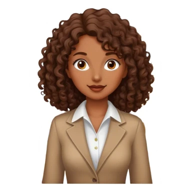 brown lady with medium brown mid length curly hair in real estate job with house sticker