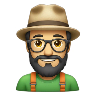 happy gardener face long dark beard and short dark hair with little round glasses and a hat sticker