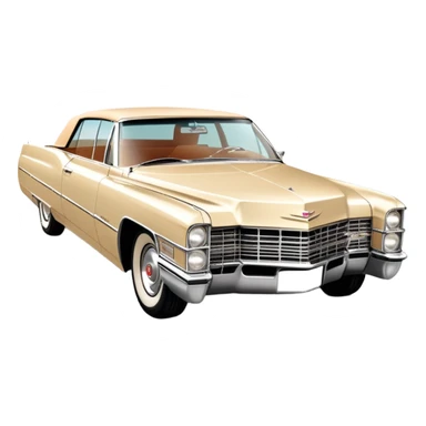 Beige 1966 Cadillac DeVille, 30-degree three-quarter view showing front and side, accurate vintage luxury car proportions, detailed front grille and headlights, from Once Upon a Hollywood movie, iOS emoji style sticker