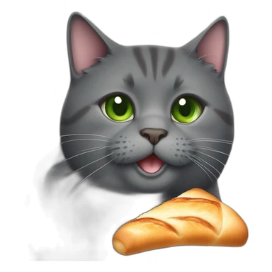 happy dark grey fat cat with green eyes and short tail eating a baguette sticker
