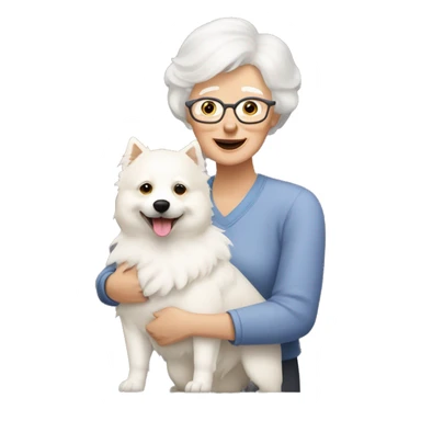 a grandma with short haircut and light blonde hair hugs a white spitz dog sticker