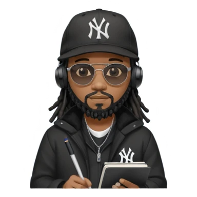 African American man with shoulder length black dreadlocks with black beard wearing black sunglasses wearing a black New York Yankees logo baseball cap wearing a black bubble winter coat wearing headphones writing a rap song in notebook sticker
