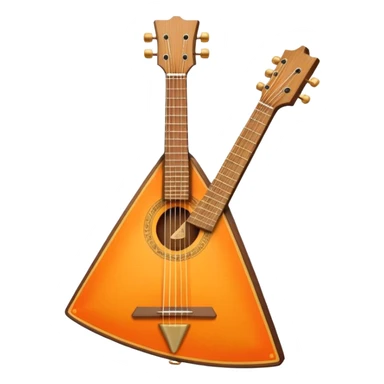 Create a vibrant and traditional emoji representing a three-stringed balalaika 'Prima.' The design should feature the characteristic triangular body of the balalaika with its three strings and visible tuning pegs. The woodwork should be simple yet elegant, reflecting the traditional Russian craftsmanship. Add subtle musical notes around the instrument to symbolize its cultural sound. Use rich, warm colors like natural wood tones, orange, and gold accents to convey its authenticity and musical heritage. The background should be transparent. sticker
