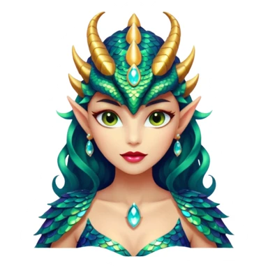 A gorgeous dragon woman with glittering jeweled scales covering her body and face. She has large almond shaped eyes, lush lips, and she wears a stunning luminescent gown. sticker