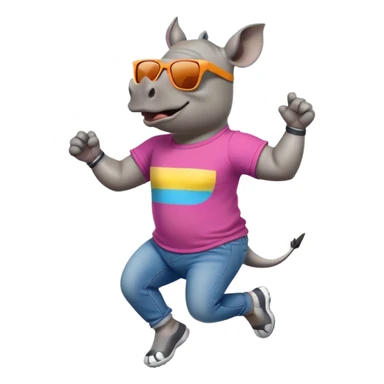 friendly anthropomorphised rhino in jeans and colourful t-shirt, wearing dark sunglasses, jogging upright, jumping with excitement, standard pose sticker