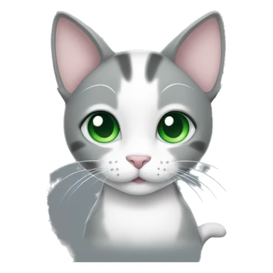 a grey and white cat with green eyes making a heart with paws sticker