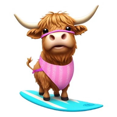 highland cow surfing in pink swim suit with a blue teacup sticker