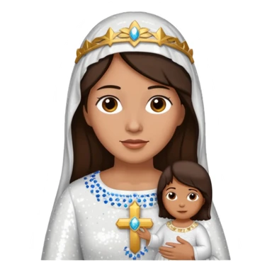 Mary, mother of Jesus from The Bible with dark brown hair, white sequin outfit sticker