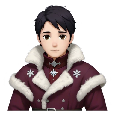 Medieval winter outfit worn by a DnD themed fantasy male character. Heavy maroon wool tunic with rabbit fur trim, featuring a high collar with silver clasps, belted with a sturdy leather strap. Clothes only above the waist, full waist coverage. The character has no arms. Character is white-skinned with raven black hair, deep brown eyes, and short messy hair dusted with snowflakes. sticker