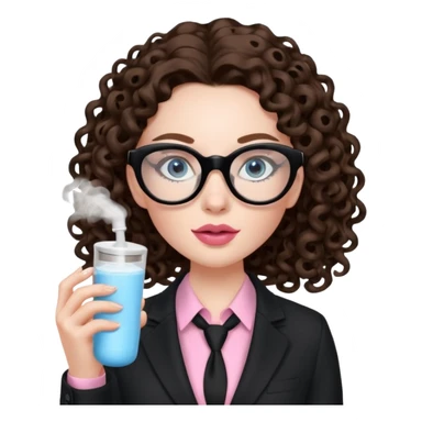 A girl with white pale skin, blue eyes, full lips, brunette long curly hair. She has a leopard print round-ish shaped glasses. She is wearing a all black suit with light pink blouse inside the suit. She is making a self care face mask  sticker