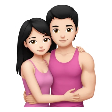 a pretty bratz fair girl. black hair, wearing a pink cami top, she is hugging a handsome fair guy with black hair. lean but muscular. is wearing a black tshirt sticker