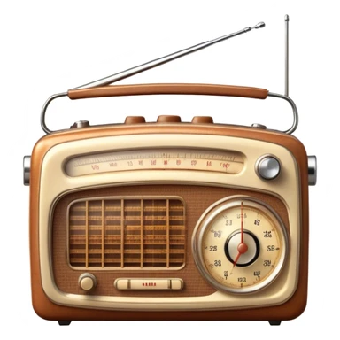 A photorealistic icon featuring an old-fashioned radio with a vintage dial, radio waves emanating from it, and a warm, glowing light. The design includes detailed textures, soft lighting, and nostalgic elements, symbolizing the love for radio broadcasting and music. Transparent background. sticker