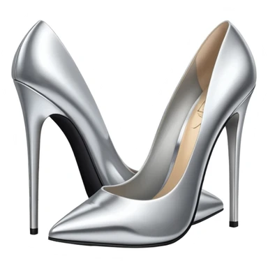 A pair of high heel shoes emoji made of polished silver chrome, elegant sharp silhouette, smooth metallic surface, glossy reflections, luxury sexy vibe, minimalistic iOS emoji style, centered, clean white background sticker
