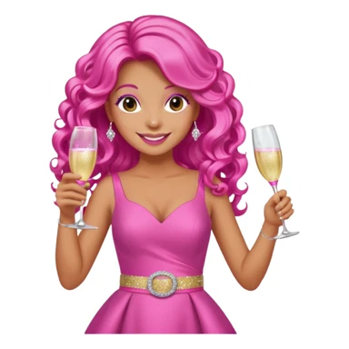 One lady with long hot pink curled hair and tan skin wearing a pink dress with sparkly belt holding a glass of pink champagne in each hand smiling cheerfully  sticker