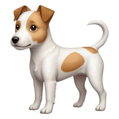 a full body white parson russell looking dog the size of a kelpie with light brown ears and a light brown patch on one eye and a large snout sticker