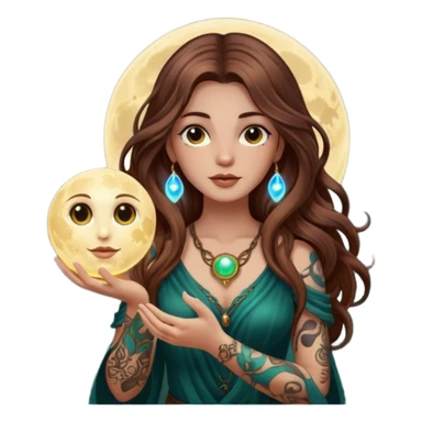 forest mystic woman long wavy brown hair tattoos holding glowing moon orb sticker
