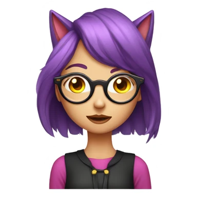 A long purple haired girl with purple fox ears and yellow eyes wearing circular glasses a black collar and pink clothes blushing drooling sweating sticker