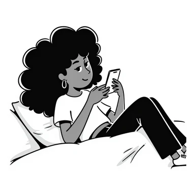 Brown-skinned teenage girl with curly black hair lying on bed looking at cellphone, heavy makeup, big lips, tight crop top, hoop earrings, choni style urban clothing sticker