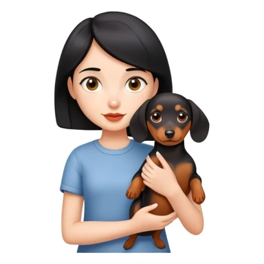 short black haired girl holding a daschund sticker