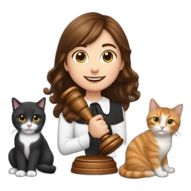 a young girl with brown hair grabbing a Gavel like a judge, and with two cats behind her, one cat black and the other cat snowshoe sticker