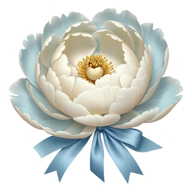 A single oversized peony in the softest shade of ivory sits in the center of a pearl-white canvas, its velvety petals unfolding like a quiet whisper. Wrapped around its stem is a wide, silk bow in a misty blue hue, its fabric pooling slightly onto the surface. The background’s subtle texture reflects light in a way that enhances the depth of the petals, creating an ethereal, almost weightless atmosphere. sticker
