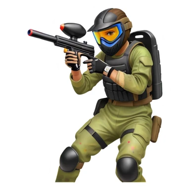 A dynamic scene of a player in action, holding a paintball gun and wearing protective gear. The background shows a vibrant paintball field with obstacles, colorful splatters of paint in the air, and an intense, competitive atmosphere. sticker