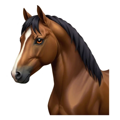 Cinematic Noble Bay Horse Portrait Emoji, Poised and regal, with a strong, athletic build and a rich, well-groomed bay fur accented by a dark mane and tail, deep-set soulful amber eyes, Simplified yet sharp and sophisticated features, highly detailed, glowing with a warm, dignified glow, high shine, intelligent and majestic, stylized with an air of equine elegance, focused and attentive, soft glowing outline, capturing the essence of a watchful and confident steed, so majestic it feels as though it could gallop out of the screen with effortless authority! sticker