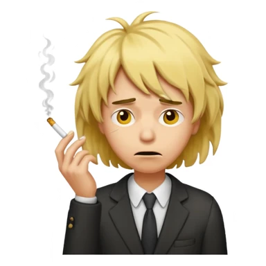 stressed classic yellow emoji looking down shaking head wearing a disheveled wig with a cigarette in hand sticker