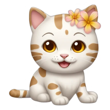 A while and cream cat with short wavy brown hair and spring flowers on its hair that laugh sticker