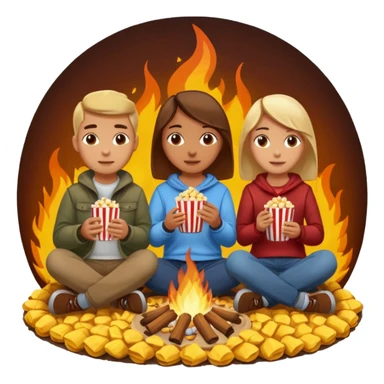 Born fire and people sitting beside born fire on chairs. Born fire is in the centre. People should be eating peanuts and popcorn. sticker