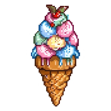 pixel art ice cream emoji, pastel pink scoop with creamy swirl, cherry on top, light brown cone with waffle pattern, 16x16 grid, simple, vivid outlines, subtle shadow under scoop, kawaii face with blush and tiny smile sticker