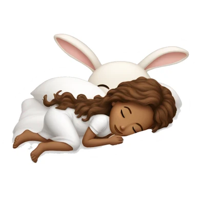 girl with brown beautiful hair sleeps in white bed with bunny sticker