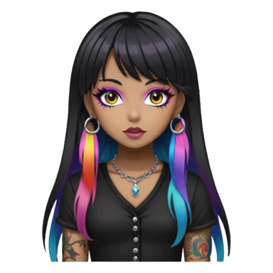 hime gyaru girl,  brown skin long black hair with rainbow fringe, tattoos, dark makeup, goth grunge clothes sticker