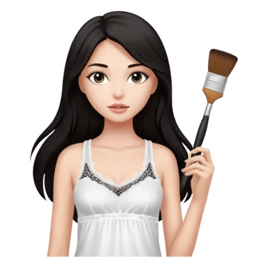 Dark long hair girl wearing white victorias secret sleepwear that looks like a tank top with lace is holding a normal makeup brush. sticker