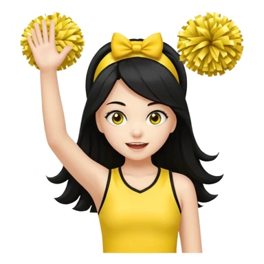 A long black hair teen girl waving pom-poms, eyes sparkling with excitement, yellow cheer leader top sticker