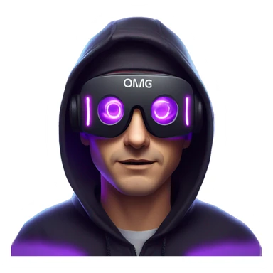 Russian man wearing a black hoodie with "OMG" letters on it and VR headset in a cyberpunk VR environment with violet neon lighting. sticker
