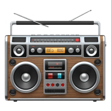 3D render of Boombox, vintage 1980s audio equipment aesthetic, tactile analog buttons, silver chrome body with black speakers, mixed wood grain and brushed aluminum textures, Apple emoji style, isolated on white background --v 6.0 sticker