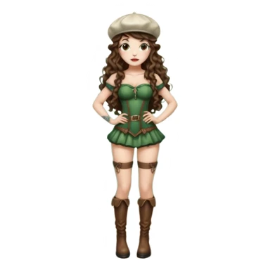 full body woman long curly brown hair brown eyes white skin tattoos wearing mushroom cap hat and thigh high boots, hands on hips, sexy forest sprite sticker