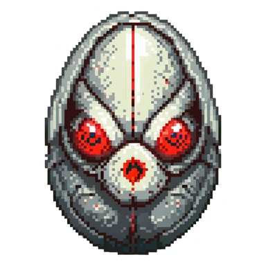 a strange large transparent alien egg, floating inside with a visible creature inside, embryo, embryonic, fetal shape, primordial, early growth, 3 glowing red eyes, illuminated from above, shining glass egg sticker