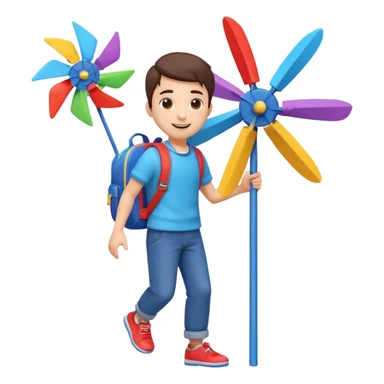 cute boy carrying a toy windmill backpack, colorful windmill spinning on the back, happy expression, casual outfit, 3D cartoon, mobile game icon style, clean background, no text, no watermark
 sticker