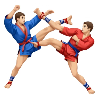 An icon symbolizing Sambo, featuring two fighters in blue and red kimonos with shorts and wrestling shoes. One executes a powerful throw, while the other attempts a defensive grab. The fighters are engaged in a grapple, using joint locks and sweeps.  sticker