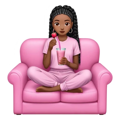 A dark-brown-skinned Black woman with black box braids, sitting on a pink couch, holding a smoothie cup with a straw, sipping and looking relaxed. She’s wearing comfy loungewear in a cozy setting. sticker