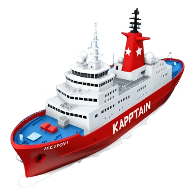Realistic 3D icon of icebreaker "Kapitan Krutov" (grey hull, red star, white superstructure, "РОСМОРПОРТ" lettering). Soft winter lighting, 3/4 aerial view. Fractured blue ice, white background. High detail, photorealistic GSON style. sticker
