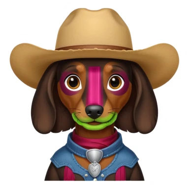 mostly black with some brown long hair daschund with a cowboy hat sticker