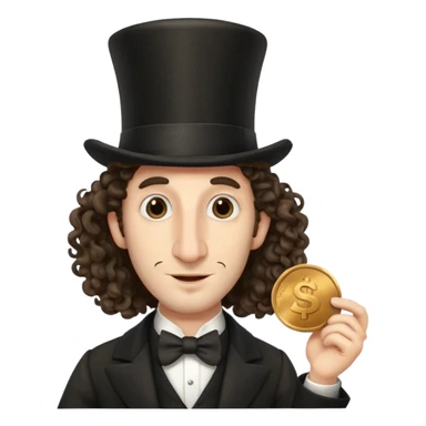 Jewish man with a long nose that sticks out a top hat slightly long curly hair and a penny in his hand sticker