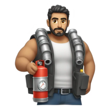 arab man in large bulky vest with gas canisters, electrical wires and an analog clock sticker