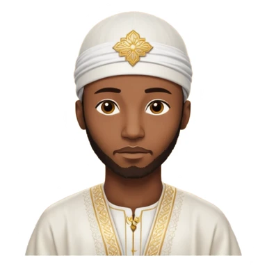 Muslim Black man of West African origin, deep brown skin, dressed in a white bazin riche with embroidery, kufi cap, standing in a warm sunset atmosphere, calm and spiritual look, photo realistic, cinematic lighting, 4K, high detail. sticker