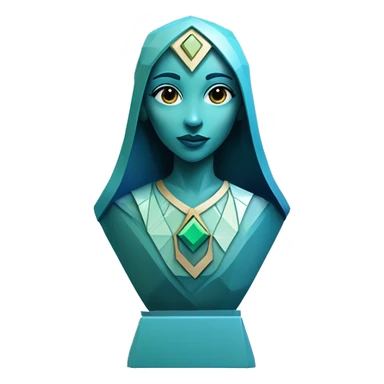 Sculpture oracle priestess with a geometric faceted design with disney features. Oracle of delphi is sparkling and standing upright on a base with angular and flower features. The vibrant blues neutrals and greens highlights the sharp edges and planes.  sticker